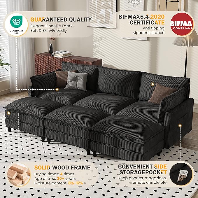 Apicizon 108" Cloud Couch Sectional, Modern Corduroy Cloud Sofa Set with Side Storage Pocket, Comfy Convertible Sleeper Couch with Chaise for Living Room, Apartment, Office, Black