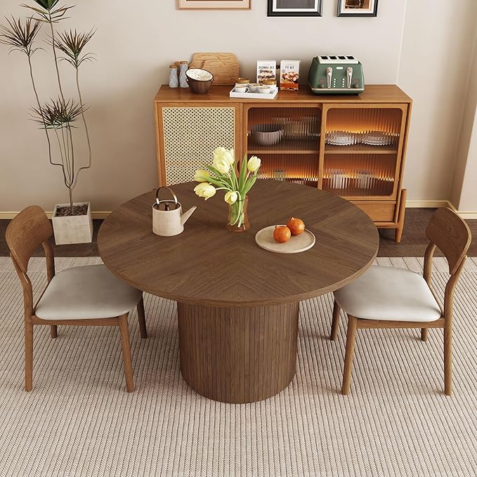 Round Dining Table for 4, Modern Farmhouse Kitchen Table, 47 Inch Small Circle Dining Tables with Wood Strip Base for Kitchen Living Room (Walnut)