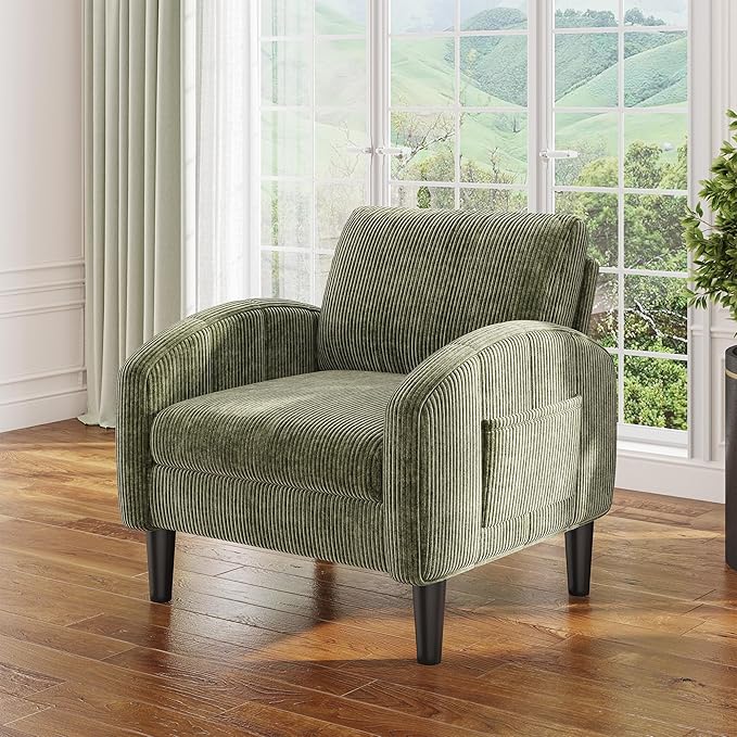 Accent Chair Set of 2, Comfy Mid Century Modern Reading Chair with Side Pockets,Comfy Living Room Chair for Bedroom,Upholstered Armchair for Office, Apartment, Small Room,Green