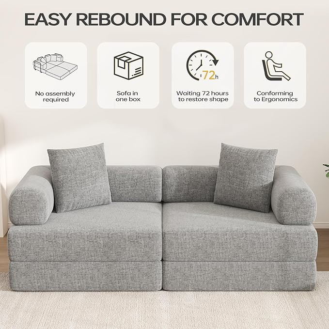 DURASPACE 78.4'' Convertible Folding Sofa Bed, Floor Sleeper Sofa Couch with Fixed-Shape Frame, Compression Comfy Couch in a Box, Boneless Modular Loveseat for Living Room (Chenille Gray)