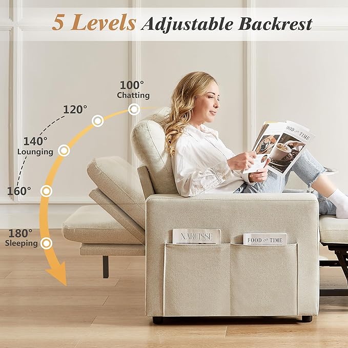 WEUP 42.5" Sleeper Chair Bed, 3-in-1 Oversized Convertible Sleeper Sofa Chair with Pull Out Bed, Reclining Adjustable Backrest/Side Pockets, Tool-Free Assembly, Basic Beige