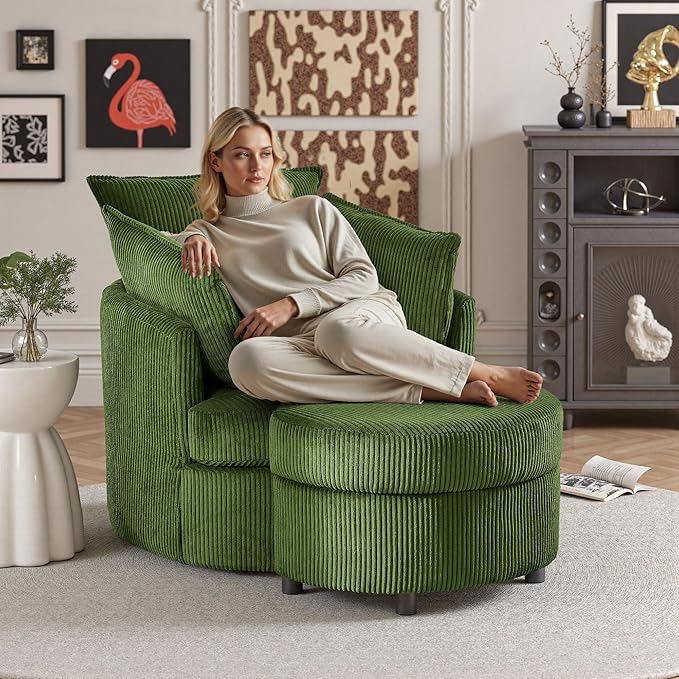 Chorlenimi Swivel Accent Chair Round Barrel Armchair Upholstered Living Room Chair Corduroy Reading Chair Single Sofa Chair for Bedroom Apartment Office (Green, Upgrade 1Seater+ Ottoman)
