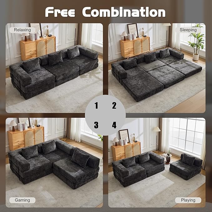 6-in-1 Folding Convertible Sofa Bed, 118 Inch Boneless Couch with Fixed-Shape Frame, Chenille Sleeper Sofa with Pull Out Bed, Floor Sofa Modular Futon Couches for Living Room Bedroom Lounge (Black)
