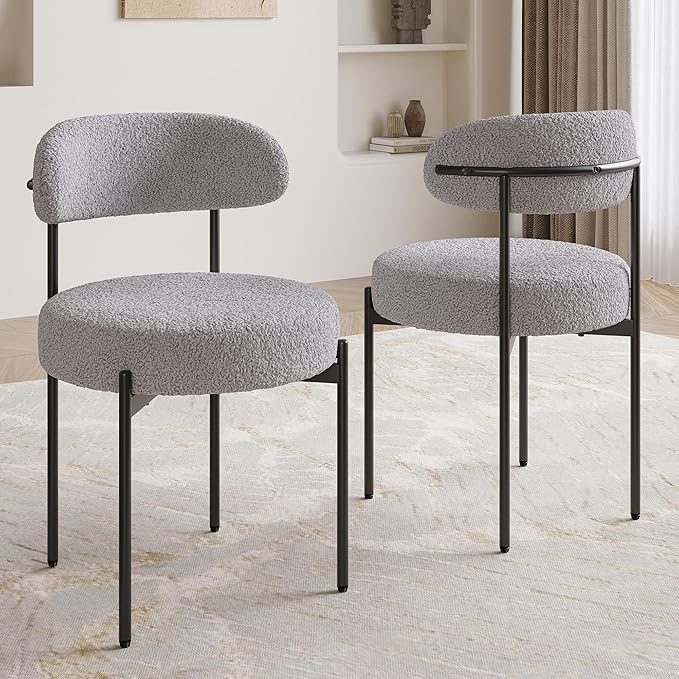 Farini Dining Chairs Set of 4,Mid-Century Modern Kitchen Chair Curved Backrest Round Upholstered Sherpa Dining Chairs with Metal Legs,Grey