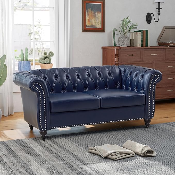 QHITTY Accent Sofa, Chesterfield Loveseat Modern Leather Couch Upholstered Sofa with Tufted Back for Living Room Furniture (Blue)