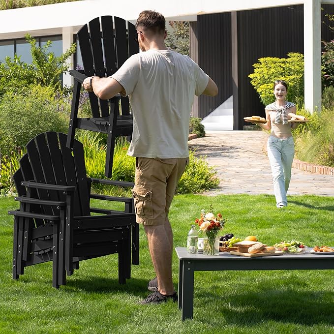 nevilywood Compact Stackable Adirondack Chairs Set of 2, 26.3" Wide HDPE Outdoor Patio Chairs - Durable, Space-Saving Design for Porch, Lawn or Garden, Black