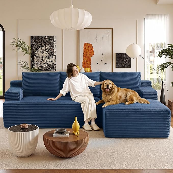 96" Sectional Couches for Living Room Cloud Couch Sofa with L-Shape Upholstered Boneless Couchs Modern Modular Sectional Couch with Chaise (Bule, 96" W+Right Facing Chaise+2Seaters)