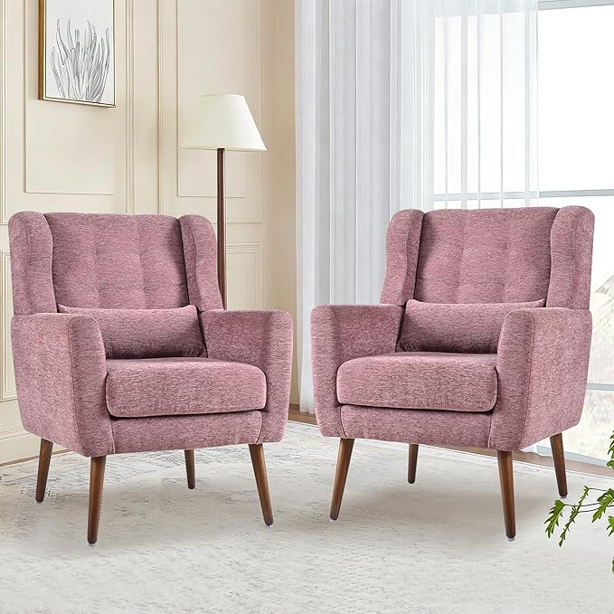 QKFF Accent Chair Set of 2, Upholstered Armchair with Pillow, Fabric Single Sofa Chair with Lounge Seat and Wood Legs Accent Chair for Living Room Small Spaces (Purple, Set of 2)