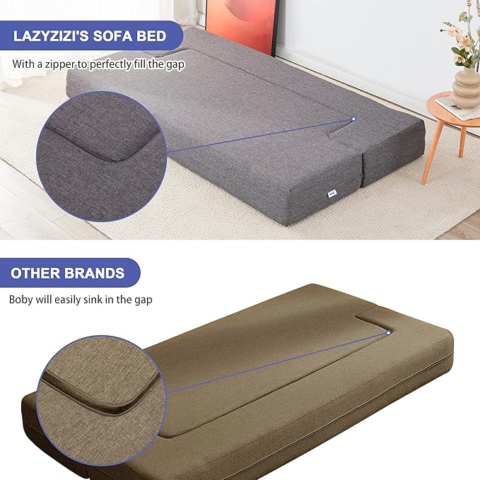 Lazyzizi Floor Sofa Bed, Convertible Sleeper Lounge Couch Folding Mattress with 2 Pillows & Washable Cover for Living Room, Guest, Playroom 10inches Twin