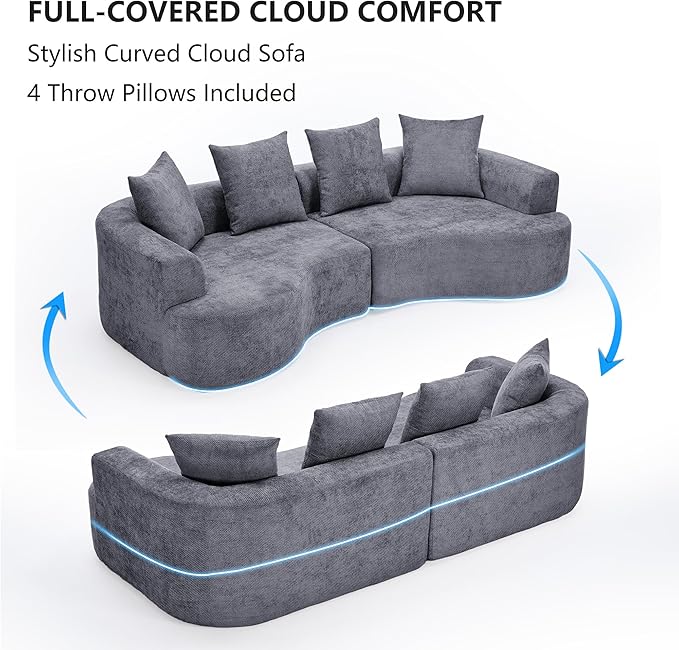 109” Curved Sectional Sofa, Chenille Fabric Modular Cloud Couch, No Assembly Required Half Moon Couch with Deep Seat, 4 Pillows for Living Room, Apartment, Bedroom