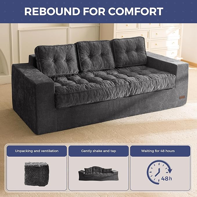 MAXYOYO Boneless Sofa Couch, Loveseat Sofa for Small Space, Tufted 3-Seater Floor Couch Bean Bag Chair for Living Room Bedroom Apartment, Sofa in a Box, No Assembly Needed, Dark Grey