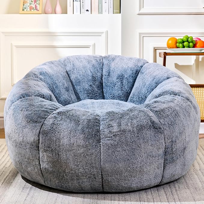 Bean Bag Chairs for Adults, Teens Youth Beanbag Reading Chair with Petal Arm Rest, Comfy Faux Fur Fluffy Bean Bag for Living Room, Bedroom, Dorm, Game - Grey, Large, Low Support