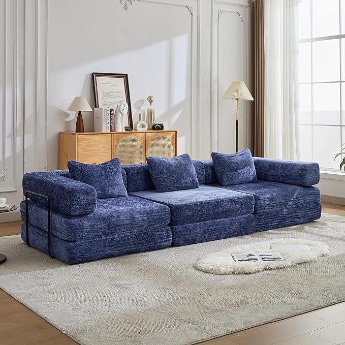 79" Convertible Sofa Bed with Pillows, Corduroy Folding Sleeper Sofa with Fixed-Shape Frame, Boneless Couch for Living Room Bedroom, Floor Sofa Lounge No Assembly Required (Modular Sofa - Blue)
