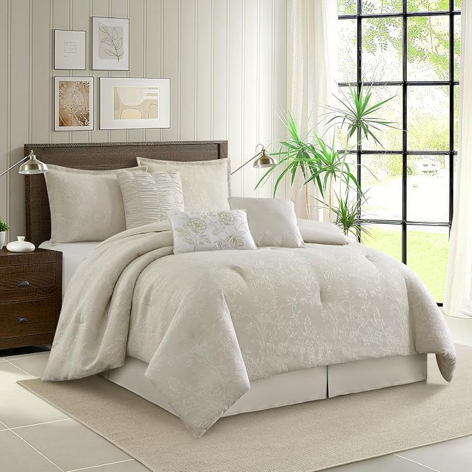 Grand Avenue Beige Cotton Blend Comforter Set, Elegant 7 Piece, Floral Jacquard California King Size Bedding, All Season, Bedskirt, Pillows & Shams, Home Decor