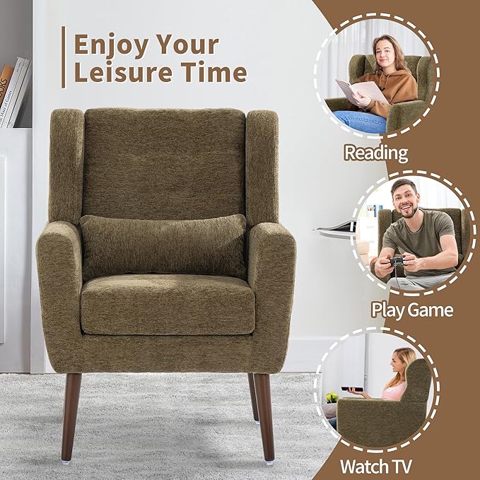 CHSICFOR Modern Accent Chair, Upholstered Arm Chair with Waist Pillow, Single Sofa Chair for Living Room Bedroom Small Spaces (Olive)