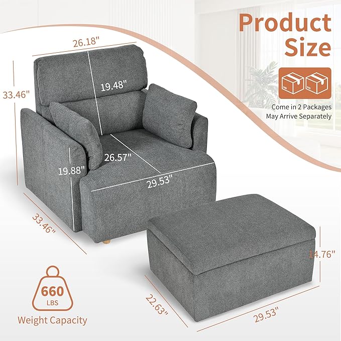 Snowflake Fleece Oversized Accent Chair with Storage Ottoman - 26.57" Wide Deep Seat Reading Chair, Convertible Daybed, 400lbs Capacity for Living Room & Apartment (Grey)