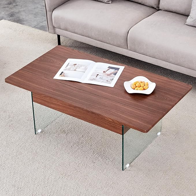HanStrong 43.3" Lift-Top Coffee Table with Storage,Marble & Tempered Glass Space-Saving for Living Room,Office,Dark Brown