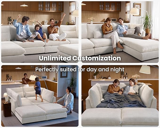 Oversized Modular Sofa, Extra Deep Cloud Chenille Sectional Couch with Ottoman Chaise, Fluffy Chenille 5 Seater Sofa Bed for Living Room, Villa (U Shape 5 Seater, Chenille White)