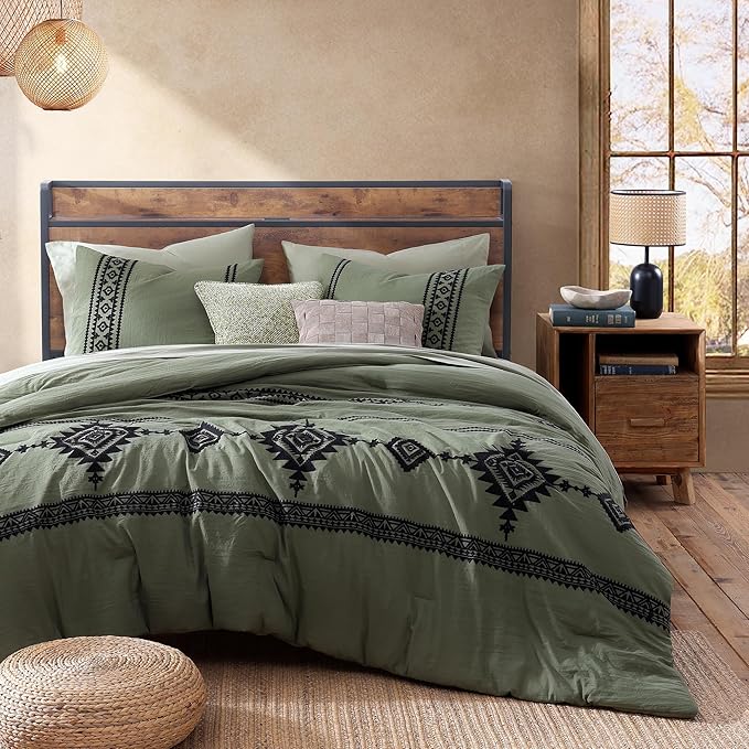 MaiRêve Embroidery Comforter Set, Boho Farmhouse Western Bedding Set, All Season Bed in A Bag Comforter Set with Sheets, Pillowcases & Shams, Olive Green King 7 Pieces