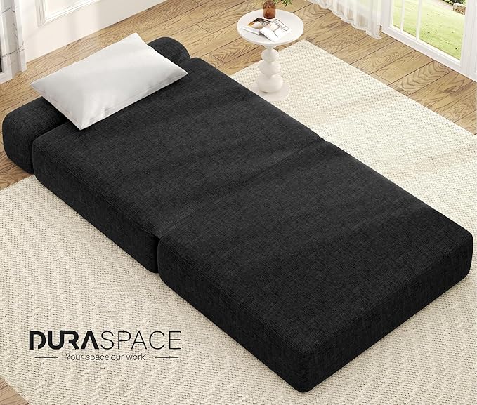 DURASPACE 39.2'' Folding Sofa Bed, Floor Foldable Futon with Memory Foam, Convertible Sleeper Chair with Back Support for Living Room (Chenille Black)
