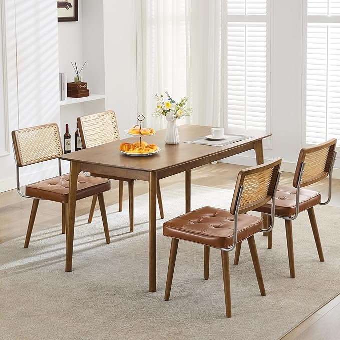GarveeHome Natural Rattan Dining Chairs Set of 4, PU Upholstered Kitchen Chairs with Tall Cane Backrest and Strong Wood Legs for Dining Room, Kitchen, Restaurant, Brown