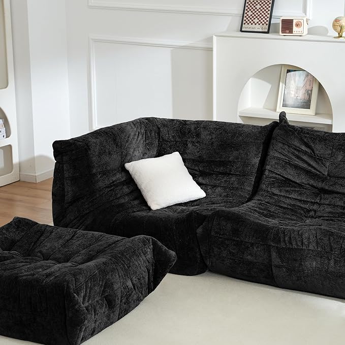 Homguava Bean Bag Chair, Giant Beanbag Chairs for Adults, Memory Foam Fireside Chair, Large Lazy Floor Sofa, Sofa Couch with High-Rebound Foam, Lounge Chair for Living Room, Bedroom (Black, Corner)