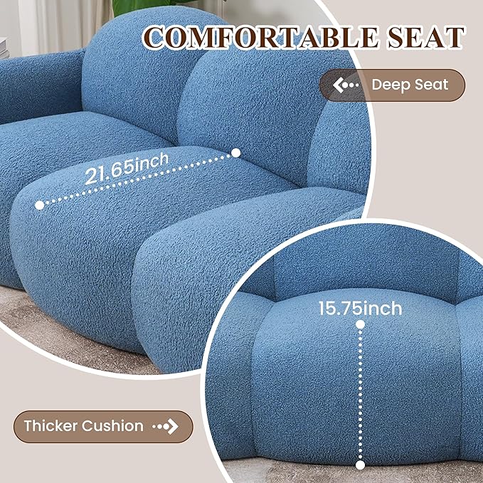 WJShome 90" Modern Curved Upholstered Cloud Couch, Deep Seat 3 Seater Bubble Couch, Cozy Boneless Plush Teddy Velvet Couches for Living Room, Bedroom, Apartment (Blue)