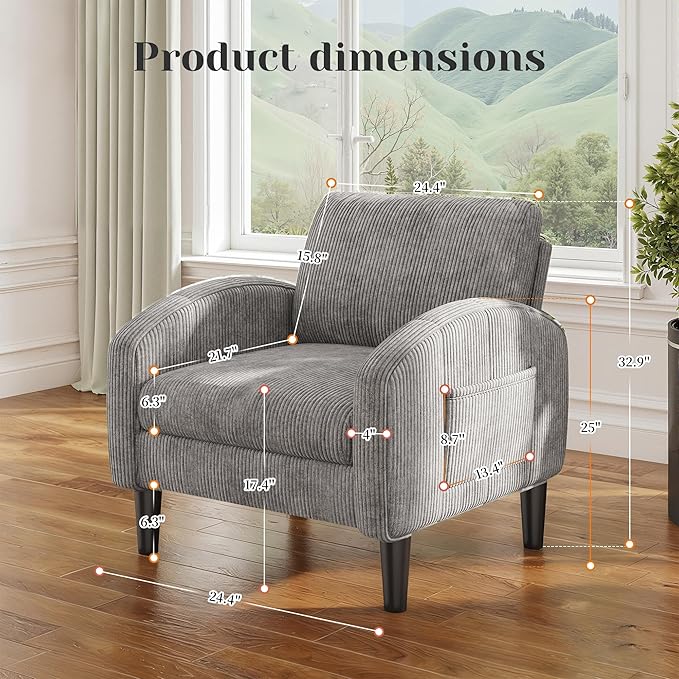Accent Chair,Comfy,Mid-Century,2 Side Pockets,Armchair,Upholstered Bedroom Chair for Apartment,Waiting Room,Grey