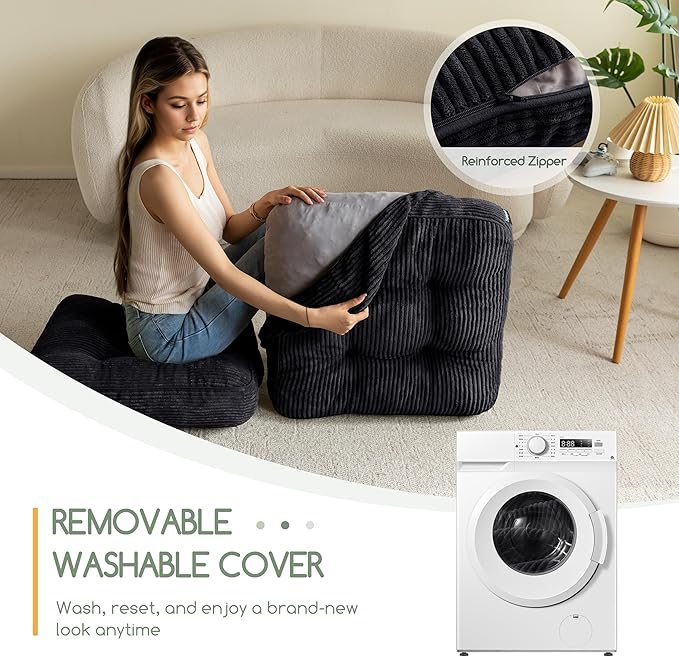 HIGOGOGO Washable Floor Pillow Cushion for Adults, Meditation Cushion Pillow, Large Square Floor Sitting, Removable Tufted Corduroy Cover, for Tatami Living Room or Yoga, 22x22 Inch, Machine Washable