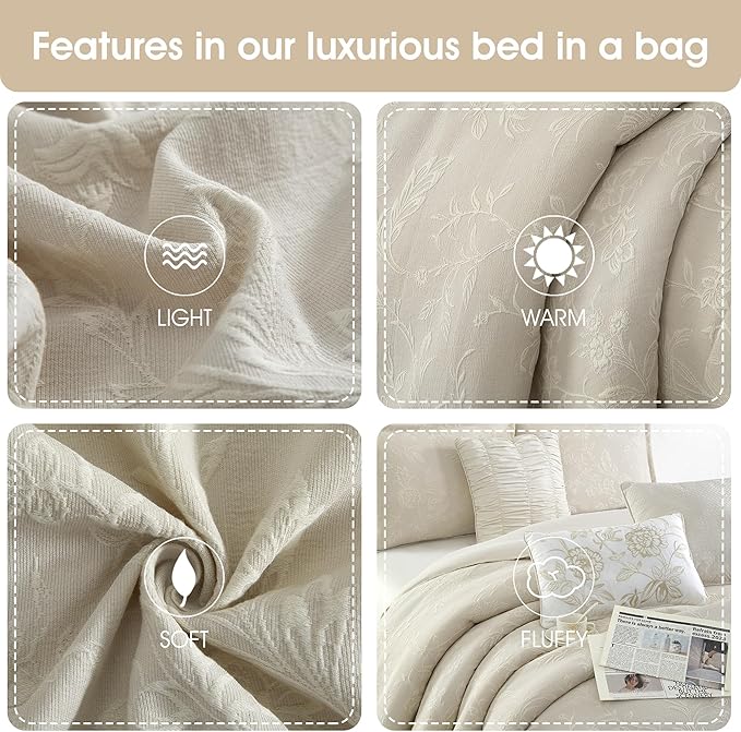 Grand Avenue Beige Cotton Blend Comforter Set, Elegant 7 Piece, Floral Jacquard King Size Bedding, All Season, Bedskirt, Pillows & Shams, Home Decor