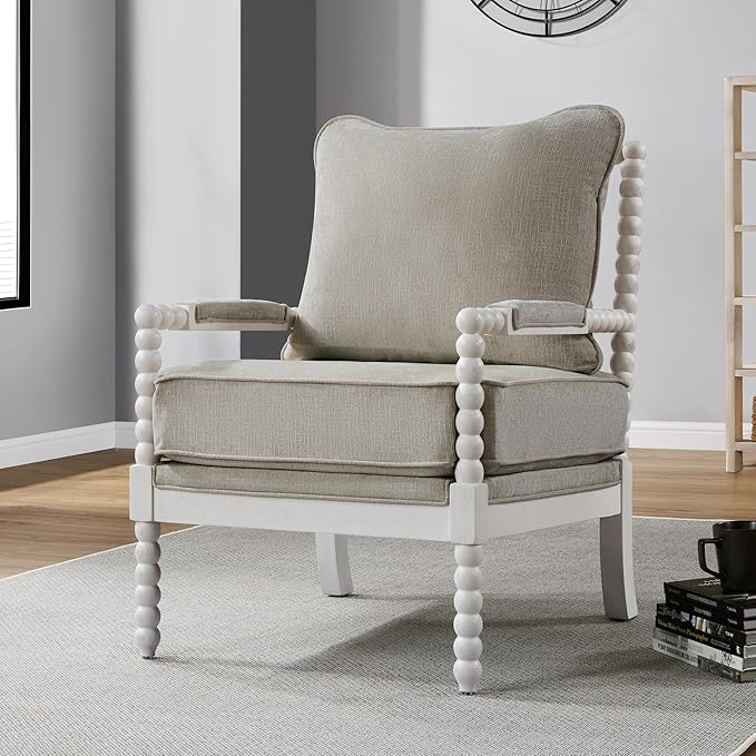 DUHOME Linen Fabric Spindle Accent Chair with Wood Frame,Spool Chairs with High Resilience Spring Cushion and Armrest Pads, Leisure Armchair for Living Room Bedroom Farmhouse Home Office Belcony