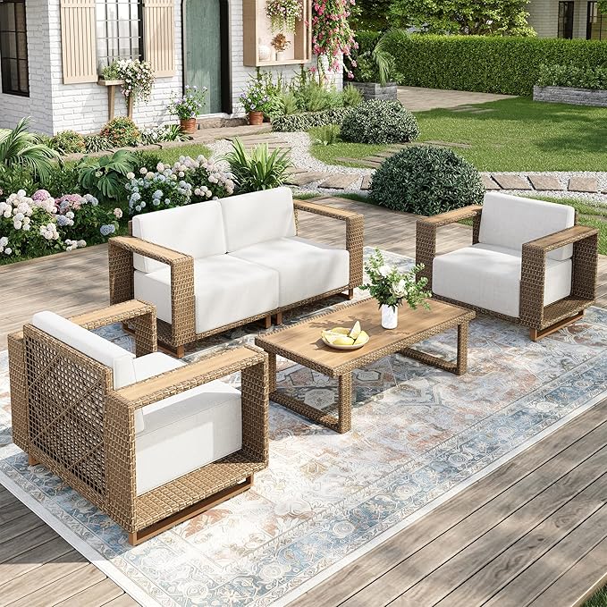 MIXPATIO Outdoor Patio Furniture Set, 5 Piece Outdoor Rattan Wicker Sofa Couch, Conversation Sets with 2 Single Sofa, 2 Armchairs and Coffee Table for Deck Backyard Lawn