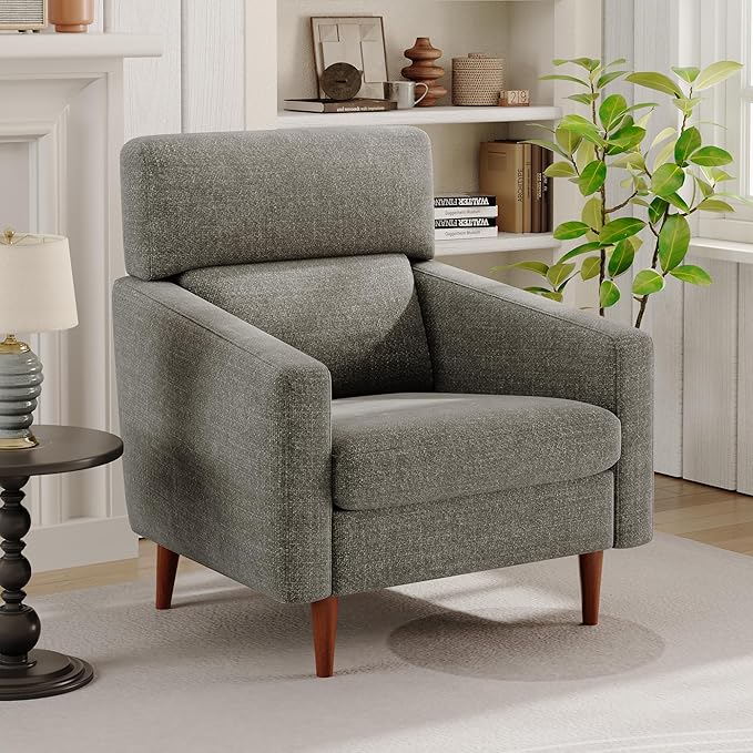 EJUNQ Mid-Century Accent Chair,Fabric Modern Reading Living Room Chairs, Upholstered Armchair with Wood Legs，Cozy Reading Chair for Living Room，Bedroom（Grey