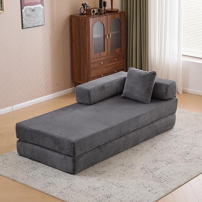 77" Convertible Foldable Floor Couch, 3-Seat Futon Sleeper Sofa for Living Room, Bedroom, or Apartment, with Pillow Backrest and Armrests, Corduroy Fabric, No Assembly Required, Dark Grey