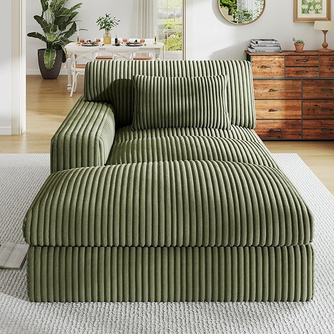 Oversized Chaise Lounge Sofa Chair Indoor，Soft Corduroy Fabric, Boneless sofawith Cushion，A Comfortable, deep-Seated Cloud Sofa for use in The Living Room.(Singler-Left-arm-Green)