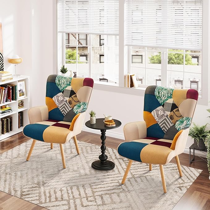 Accent Chair, Living Room Chair, Modern High Back Armchair, Colorful Patchwork Reading Chairs for Bedroom, Lounge Chair with Linen Fabric Shell and Solid Wood Feets (2, Colorful)