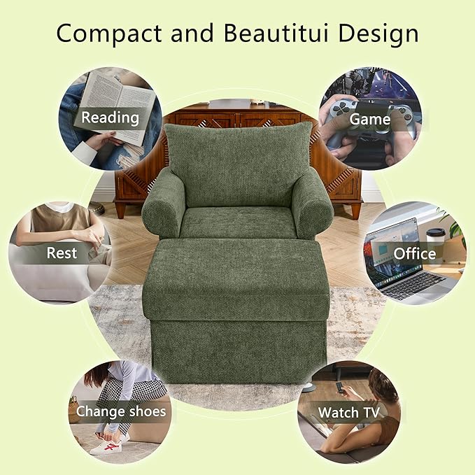 35.82" Accent Chair with Ottoman Set,Upholstered Living Room Chairs for Reading Chair with Chaise Lounge Chairs Indoor, Comfortable Armchair for Bedroom (Green, 35.82")