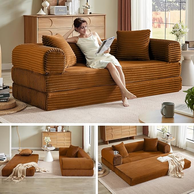 Chorlenimi Boneless Couch Futon Sofa Bed Sectional Couches for Living Room,Cloud Couch with Sleeper Sofa,Sofas for Living Room Oversized Corduroy Upholstered (Orange, 76 Inches (No Iron Frame))