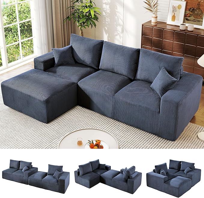 WESTSETLUX 108” Cloud Sectional Sofa Couch with High-Seat, Corduroy Modular Sofa with Oversized Chaise, High-Back Modern L-Shaped Couches for Living Room, No Assembly Required (Blue)