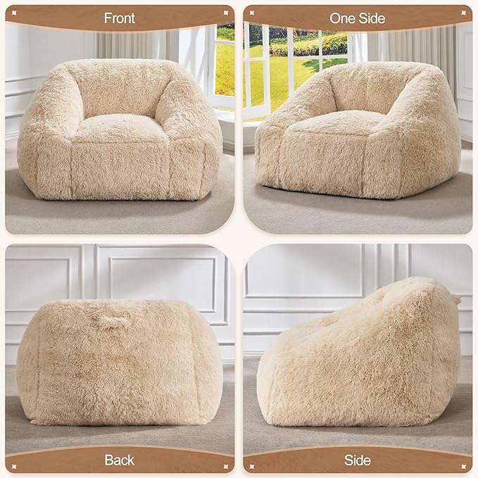 Hobestluk Bean Bag Chairs for Adults Giant Bean Bag Chair with Memory Foam Filling, Adult Beanbag for Bedroom, Living Room (White Plush)