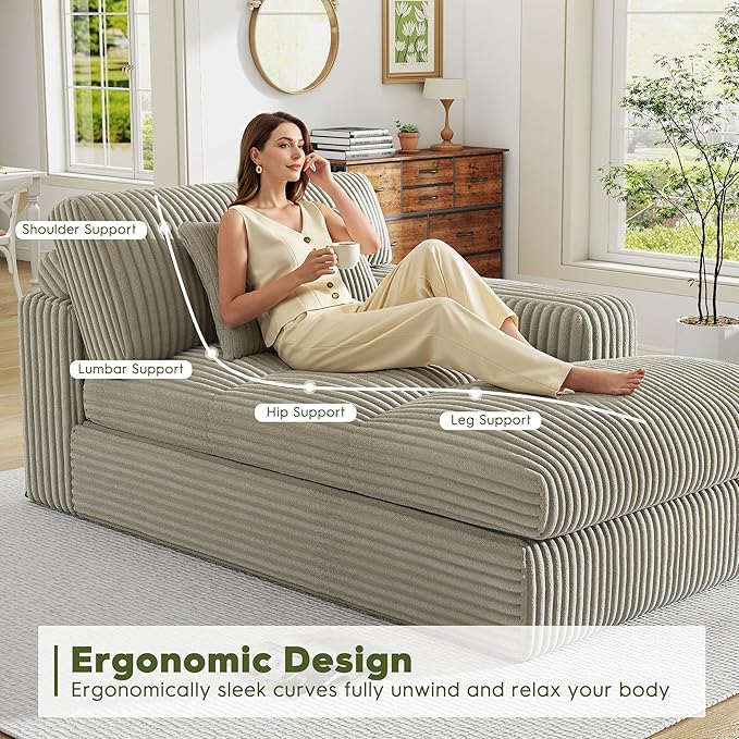 Oversized Chaise Lounge Sofa Chair Indoor，Soft Corduroy Fabric, Boneless sofawith Cushion，A Comfortable, deep-Seated Cloud Sofa for use in The Living Room.(Singler-Right-arm-Gray)