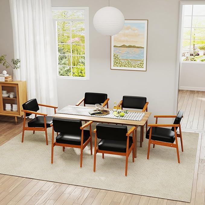 LSSPAID Mid Century Dining Chairs Set of 4, Black PU Leather with Walnut Finished Handrails Comfy Backrest, Farmhouse Dining Room Chairs for Kitchen, Living Space & Restaurant