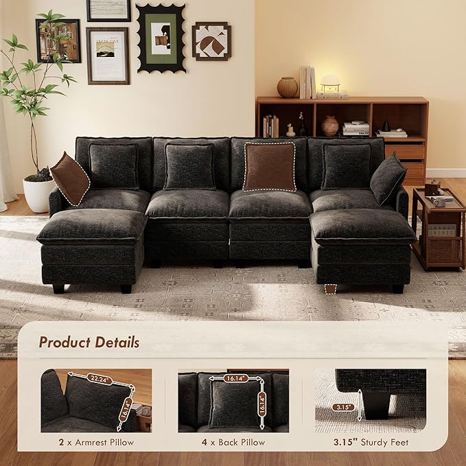 Ihanherry 106" U-Shaped Modern Sofa Modular Sectional Cloud Couch 6-Seat Chenille Seat Sofa with Ottoman for Living Room, Bedroom and Apartment, Black