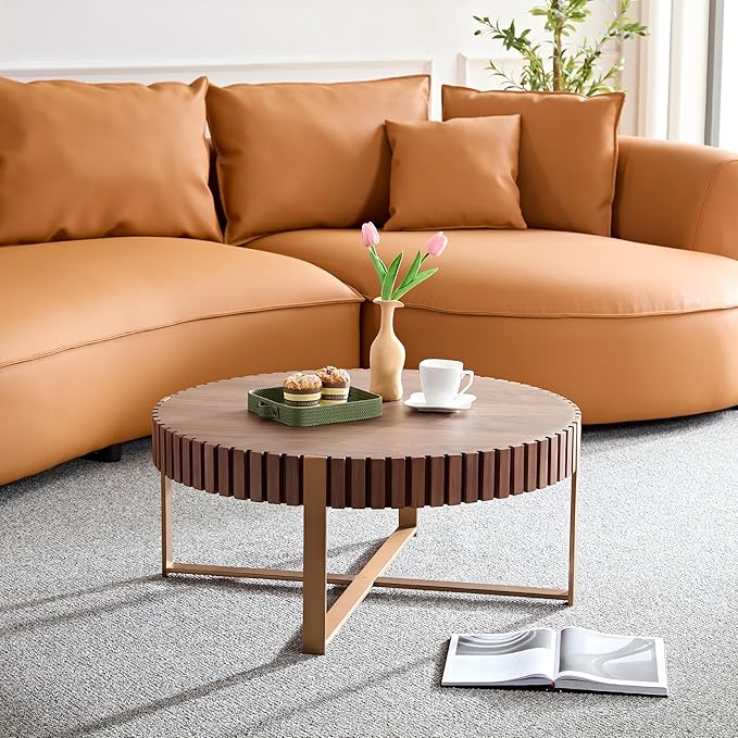 31.49'' Walnut Round Coffee Table for Apartment, Modern Living Room Coffee Table with Sturdy Pedestal Base (Walnut, 31.5)
