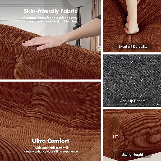 Bean Bag Chair,Giant Beanbag Chairs for Adults,Comfy Large Fireside Chair Lazy Sofa,Corduroy Bean Bag Lounger with Memory Foam Filled,Floor Sofa Couch for Home,Living Room (Brown, Loveseat)