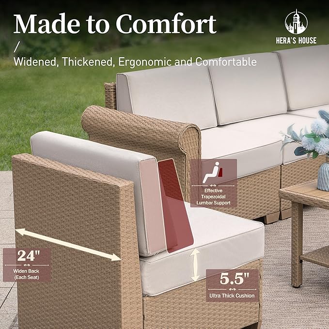 HERA'S HOUSE Patio Furniture Set, All Weather 7 Seats Outdoor Sectional Wicker Sofa with 44" Coffee Table, 5.5" Thick Waterproof Cushion 8 Piece Modular Conversation Set for Garden Deck Backyard