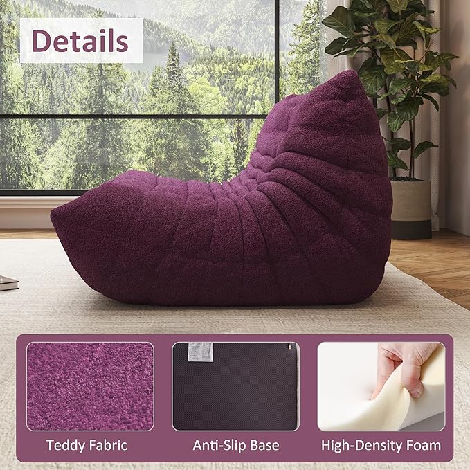 Bean Bag Chair, Oversized Loveseat Fireside Chair for Adults, 2 Seater with Memory Foam Filled, Lazy Sofa Lounge Floor Sofa for Living Room, Bedroom, Office, No Assembly Required. (Purple)