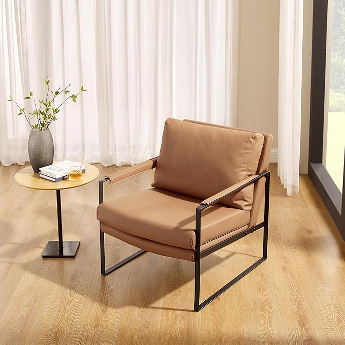 Zouron Genuine Leather Accent Chair, Mid Century Modern Chair with Black Metal Frame, Single Sofa Chair, Upholstered Lounge Reading Armchair for Living Room Bedroom, Khaki