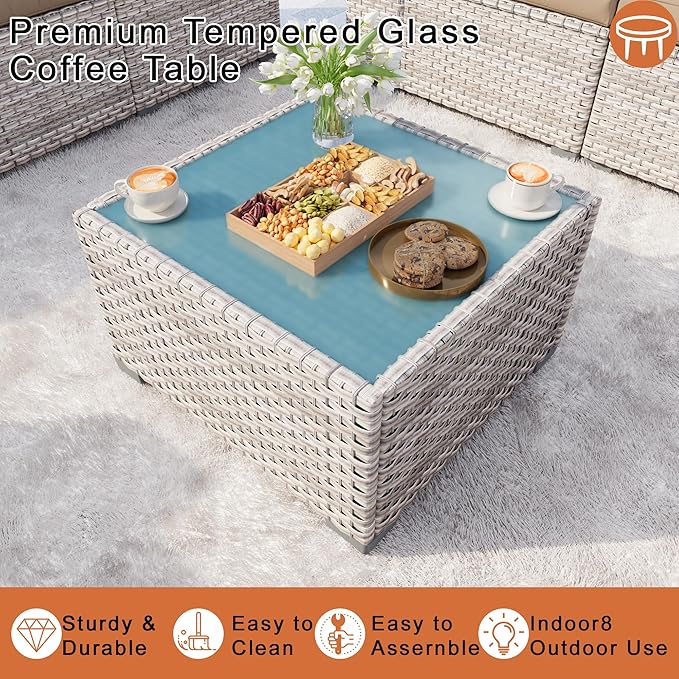 PCSXDSW 7 Pieces Patio Furniture Set, Outdoor Modular Sectional Couch Conversation Set with Wide Armrests, Wicker Seating Group Sofa with Coffee Table and Fire Pit for Backyard Deck (Khaki Cushions)
