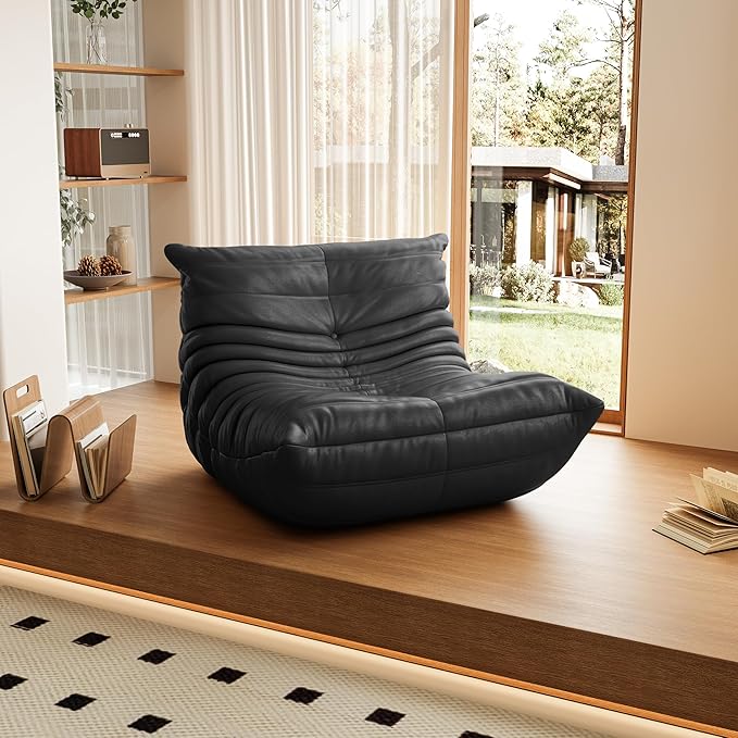 High-end Bean Bag Chair, Fireside Togo Chair with Black Faux Leather Cover, Comfy & Soft Lazy Floor Lounge Sofa for Bedroom, Living Room, Office or Lounger